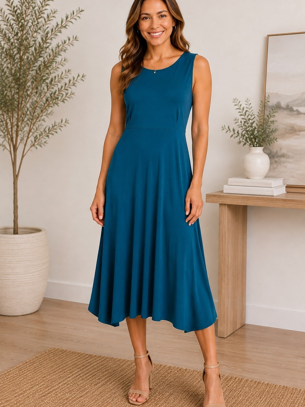 EILEEN FISHER Teal Blue Sleeveless Teal Midi Dress - Elegant A-Line Summer Dress